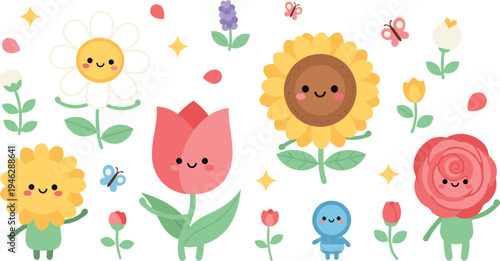 Cute cartoon flower characters collection with smiling sunflower tulip rose and garden plants playful spring vector illustration set