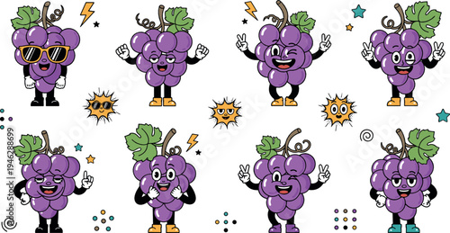 Cute cartoon grape characters set with funny expressions sunglasses and playful poses adorable fruit mascot vector illustration collection