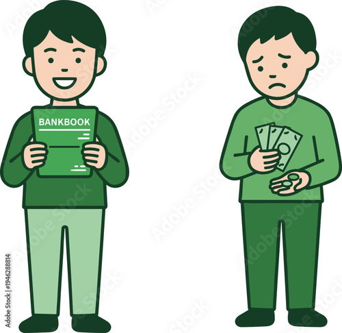 Man holding bankbook and counting money, saving and spending concept, financial situation cartoon character illustration