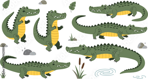 Cute Crocodile Character Set with Walking, Crawling and Swimming Poses Featuring Swamp Nature Elements Cartoon Reptile Vector Illustration Collection for Wildlife Designs.