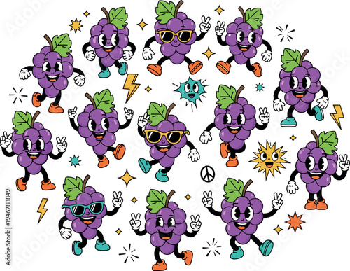 Cute cartoon grape mascot characters with funny poses sunglasses and playful expressions colorful fruit vector illustration set