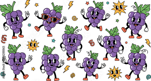 Cute cartoon grape characters with funny expressions dancing and posing playful fruit mascots vector illustration set