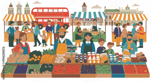 Vibrant illustration of a bustling outdoor market with people shopping and vendors selling fresh produce and goods under colorful striped awnings.