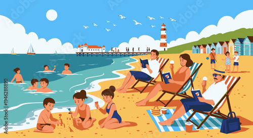 A vibrant beach scene with people swimming, sitting on the sand, and relaxing in deck chairs under a bright blue sky with a lighthouse in the background.