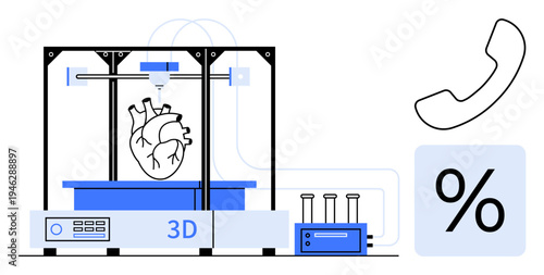 3D printing, medical innovation, biotechnology, communication, telehealth, futuristic concepts. A 3D printer creating a heart surrounded by communication and percentage icons. 3D printing and medical