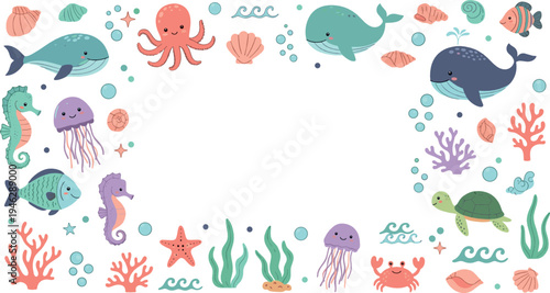 Cute cartoon sea animals collection with whale octopus turtle jellyfish seahorse fish and coral reef vector illustration set