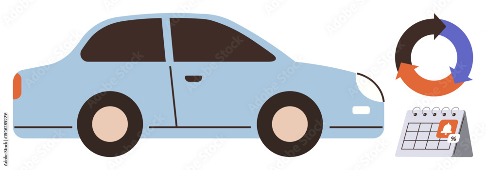 Naklejka premium Rental services, vehicle maintenance, eco-friendly travel, scheduling, car usage planning, vehicle sustainability. Blue car with a circular recycling symbol and a calendar icon. Rental services