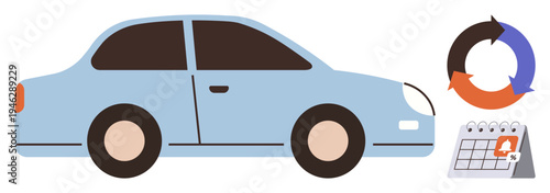 Rental services, vehicle maintenance, eco-friendly travel, scheduling, car usage planning, vehicle sustainability. Blue car with a circular recycling symbol and a calendar icon. Rental services