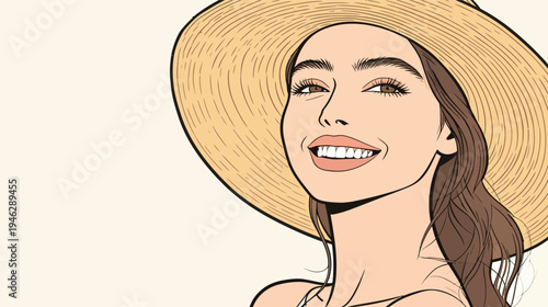 A woman with long hair smiles and enjoys sunny weather while wearing a large straw hat. She is looking directly at the viewer.