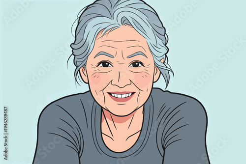 An older woman with gray hair smiles gently while looking at the viewer. She wears a simple shirt and has a friendly expression.