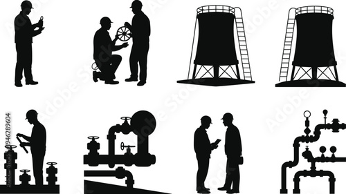 Silhouette oil and gas industry workers and refinery equipment icons set, engineers inspecting pipeline valves and cooling towers, petroleum energy vector illustration