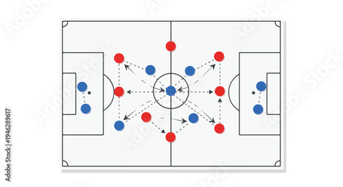 Tactical diagram of a soccer game strategy on a field with red and blue players.