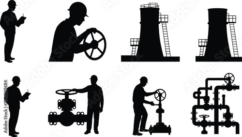 Silhouette oil and gas engineers operating pipeline valves with refinery cooling towers and pipe network, petroleum energy industry vector illustration icons set