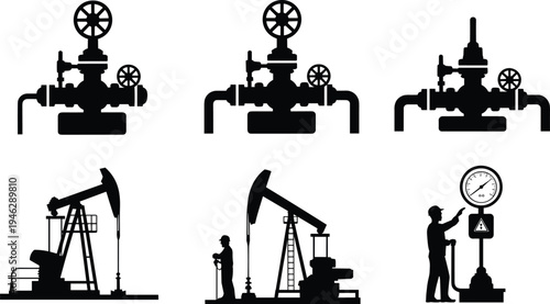 Silhouette oil and gas pipeline valve systems, pumpjack machines and engineer checking pressure gauge, petroleum energy industry vector illustration icons set