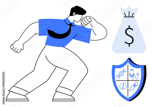 Male figure in bold action near a money bag and shield with health symbols emphasizing financial stability, insurance protection, and healthcare concepts. Ideal for insurance, finance, healthcare