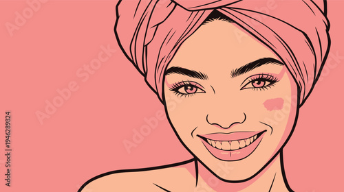A woman with a towel on her head smiles at the viewer against a pink background. She shows a friendly expression and glowing skin.