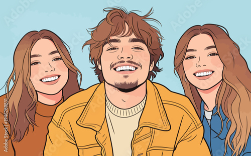 Three friends are enjoying their time together with big smiles. They appear happy and relaxed while posing for the camera.