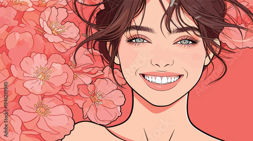 A woman is smiling happily in front of pink flowers. The setting shows a bright atmosphere. She enjoys the day outdoors.