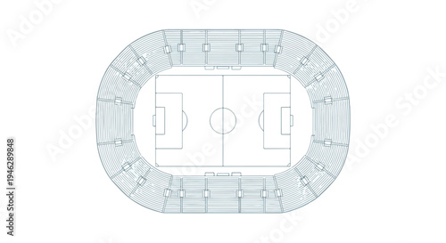 Top-down view of a large sports stadium with seating and field markings on a white background