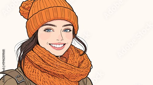 Woman stands smiling with a warm orange hat and scarf. She is in a winter scene with a light background that highlights her outfit.