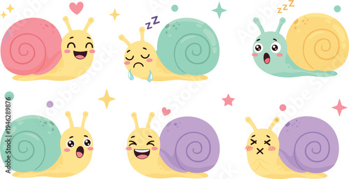 Cute cartoon snails with colorful shells funny garden mollusk characters kawaii style adorable vector illustration set