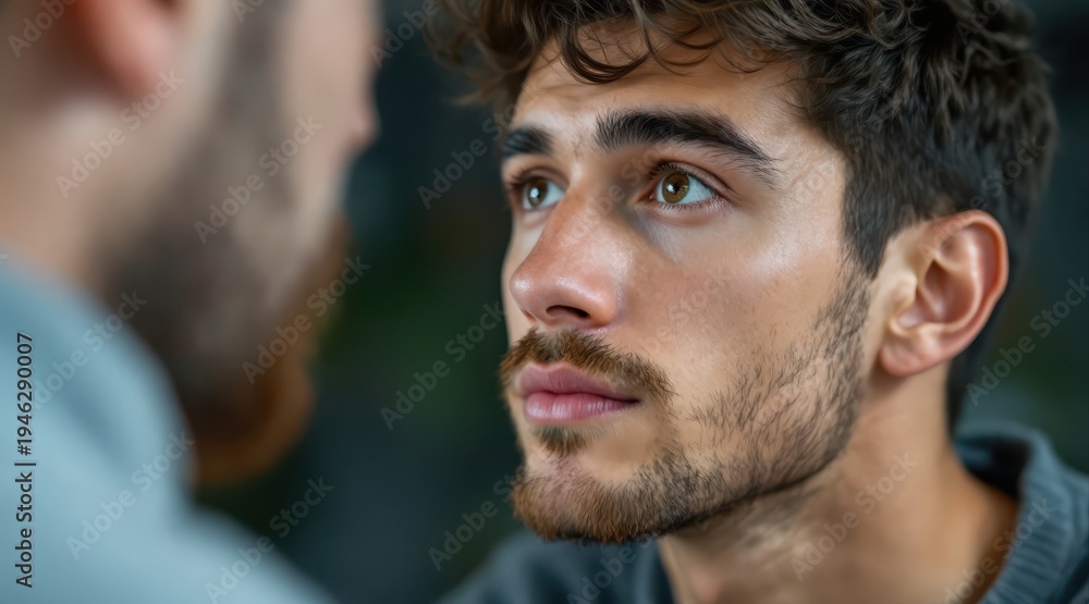 Fototapeta premium Gen Z leader concept. Young man with focused expression listening intently to another person