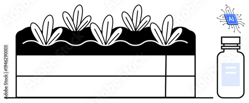 Precision agriculture, AI insights, smart farming, hydroponics, sustainable growth, crop optimization. Hydroponic system with plants, AI chip and fertilizer container. Precision agriculture