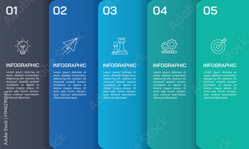 Infographic template with a 5 stripe vertical color banner, a modern corporate roadmap from initial concept to target marketing audience. Vector illustration.