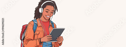 A young person smiles while looking at a tablet, wearing headphones and casual clothes with a backpack in a bright environment.