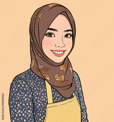 A woman stands smiling, wearing a brown hijab and a yellow apron, with a light background. She looks happy and approachable.