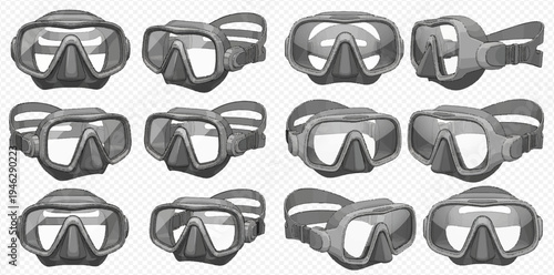 Set of diving masks in various angles for underwater exploration and snorkeling adventures.