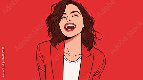 A woman wearing a red jacket laughs joyfully against a bright red background. She enjoys her time at a lively gathering.
