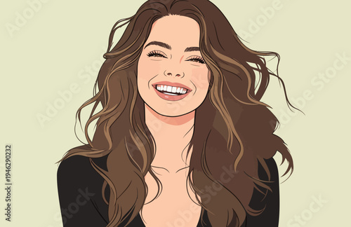 A woman with long hair smiles broadly, showing joy. She appears happy and relaxed in a light space.