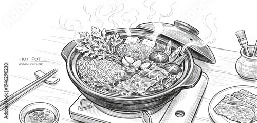 Hand-drawn illustration of a steaming bowl of authentic Japanese ramen, featuring noodles, savory pork, fresh vegetables, and an egg, with chopsticks