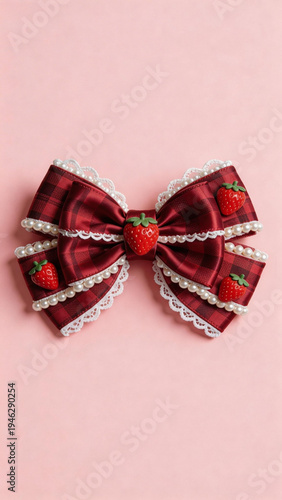 Strawberry Plaid Bow: Sweet Lolita Style Hair Accessory with Lace & Pearls