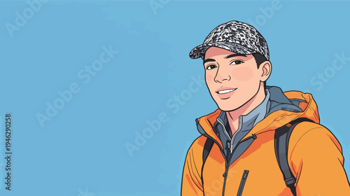 A young person is smiling with a backpack on their back. They are wearing a cap and an orange jacket. The background is blue.
