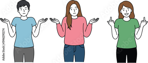 Three women showing different hand gestures, confused and rude expressions, female characters illustration communication concept people