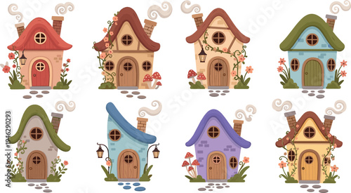 Cute fantasy cottage houses collection with whimsical fairy tale homes, colorful storybook buildings and magical village illustration set
