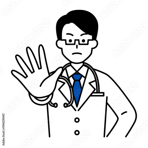 右手を突き出して制する医師の男性