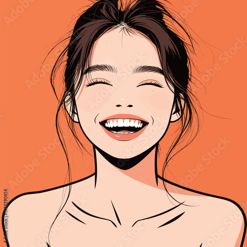 A woman with long hair smiles broadly with light on her face. The background is bright orange, adding to the cheerful mood of the moment.