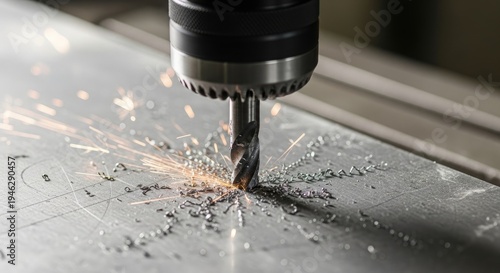 A drill bit is actively drilling into a sheet of metal, creating sparks and metal shavings. The drill is attached to a drill press, and the metal surface is marked with a circular guide.