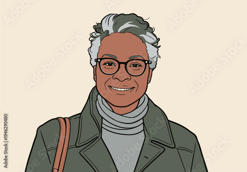 A woman stands smiling with gray hair and glasses. She wears a coat and holds a bag. The setting is plain and light-colored.