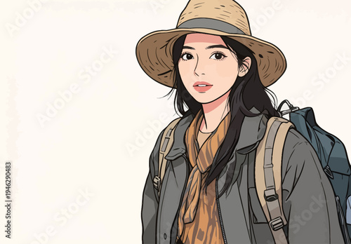 A woman stands with a backpack and sun hat, looking at the viewer. She is wearing a scarf and has long hair.