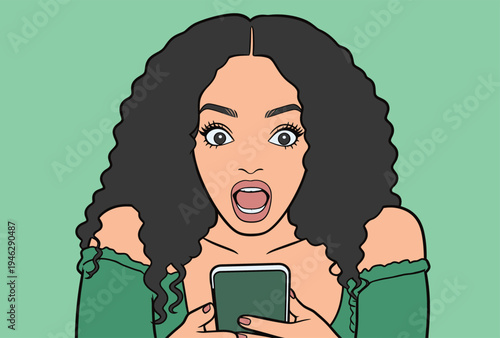 A woman looks shocked while looking at her phone. She has curly hair and is wearing a green top. The background is light green.