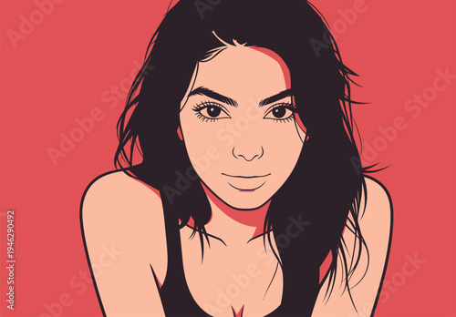 A girl with dark hair poses and looks at the viewer with a soft expression. The background is a solid color. This scene shows a vibrant moment.