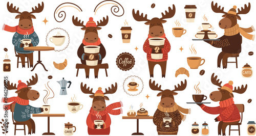 Cute Moose Coffee Lover Character Set Drinking Hot Coffee in Cozy Winter Sweaters with Cafe Elements Cartoon Vector Illustration Collection for Seasonal Designs.