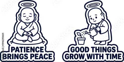 Adorable graphic illustrations of figures demonstrating faith: meditating for peace and patiently nurturing growth.