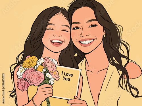 A mother and daughter share a happy moment together. The daughter holds colorful flowers and a card with a message while they both smile.