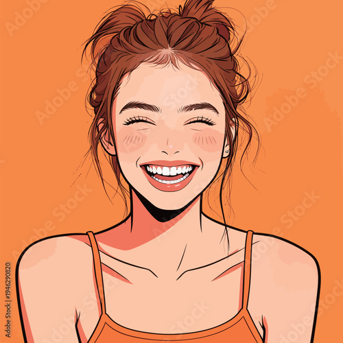 A young girl smiles brightly while wearing an orange top. The background complements her cheerful expression.