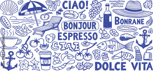 A charming blue and white doodle illustration featuring a collage of travel, food, and leisure-themed elements